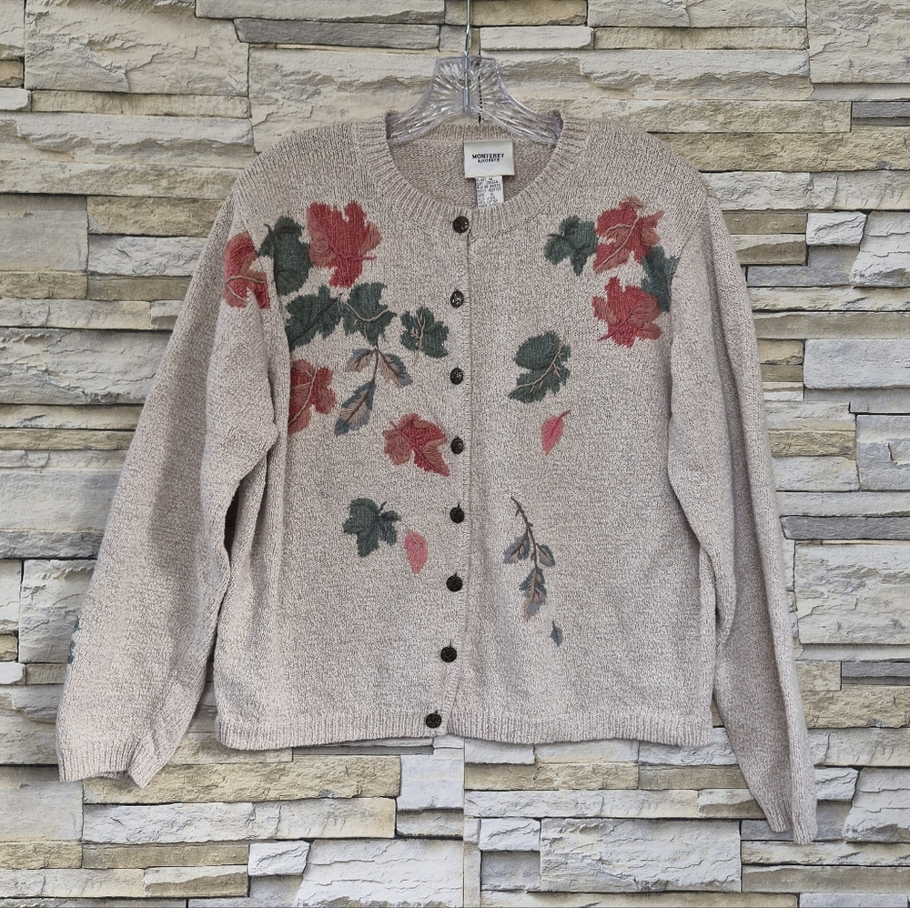 ​Monterey By Koret Cardigan Women's XL Beige Floral Linen Blend Boho Cottagecore